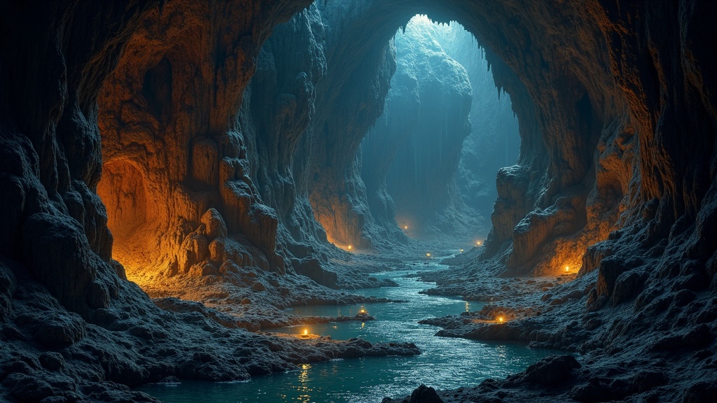 A network of cave systems mapped out with glowing trails, underground chambers, and natural rock formations, capturing the mystery and adventure of caving.