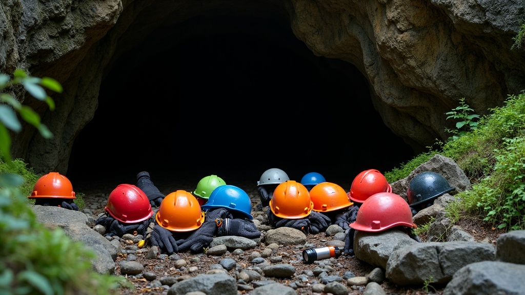 A variety of caving helmets and headlamps placed on a rocky surface at a cave entrance.
