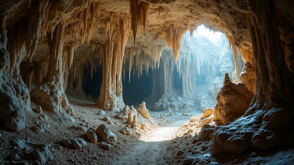 A wide view of a pristine cave, showing unique mineral formations like stalactites and stalagmites. Subtle lighting highlights the natural beauty of the subterranean environment.