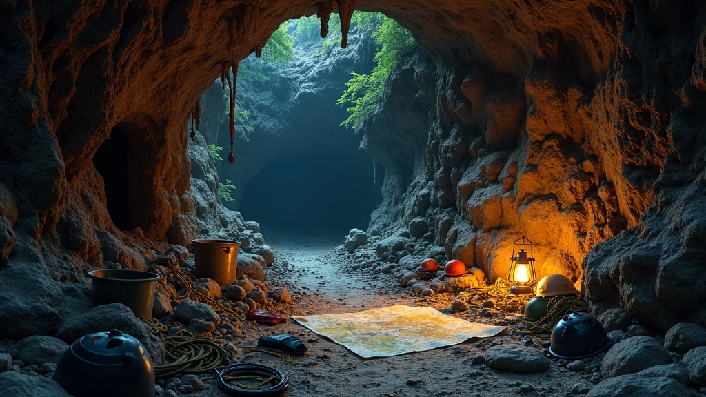 An elaborate cave system with explorers' equipment, map tools, and lighting gear lying at the entrance, symbolizing a caving society gathering spot.
