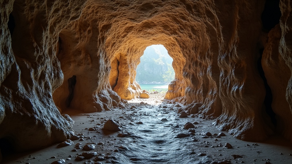 underground cave passage with rock formations and speleothems